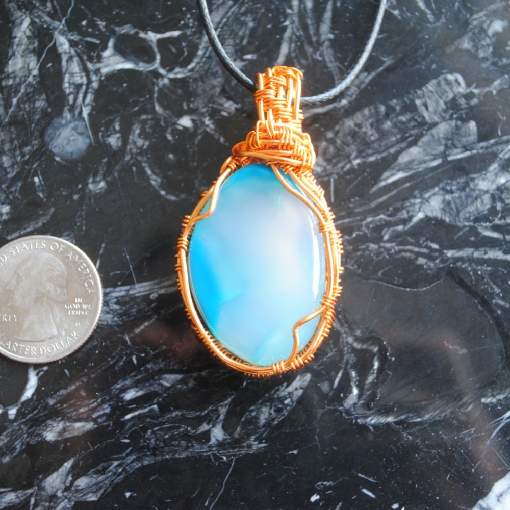 sea blue agate handmade copper wire wrap pendant